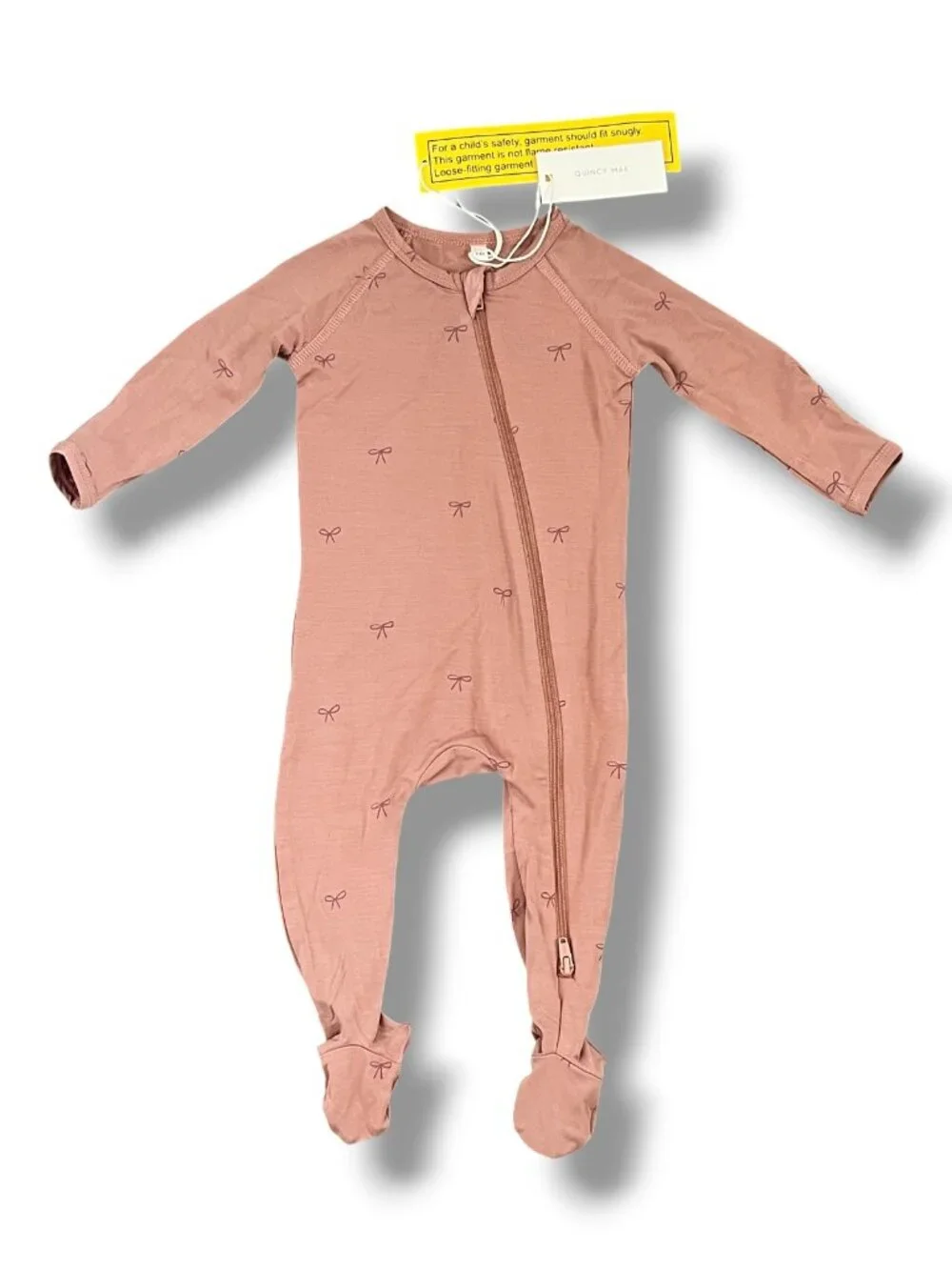 NWT Quincy Mae Bow Bamboo Zip Footie in Blush Pink Mauve Size 6-9 Months